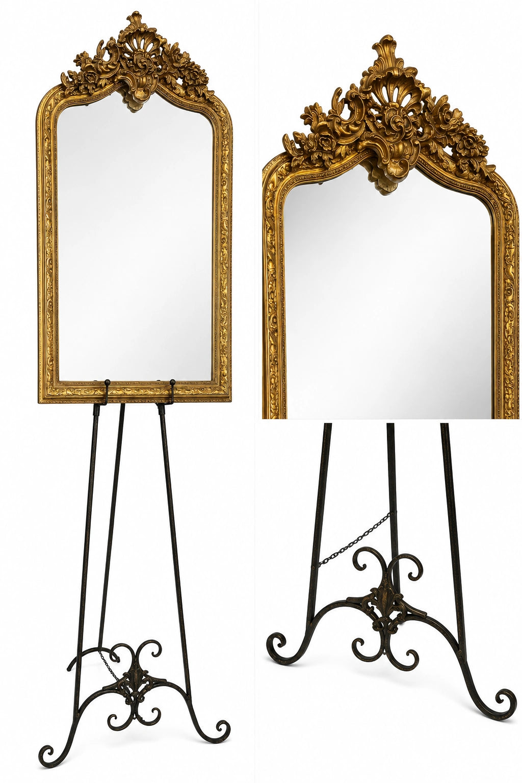 Ensemble chevalet en fer forgé & miroir doré vintage