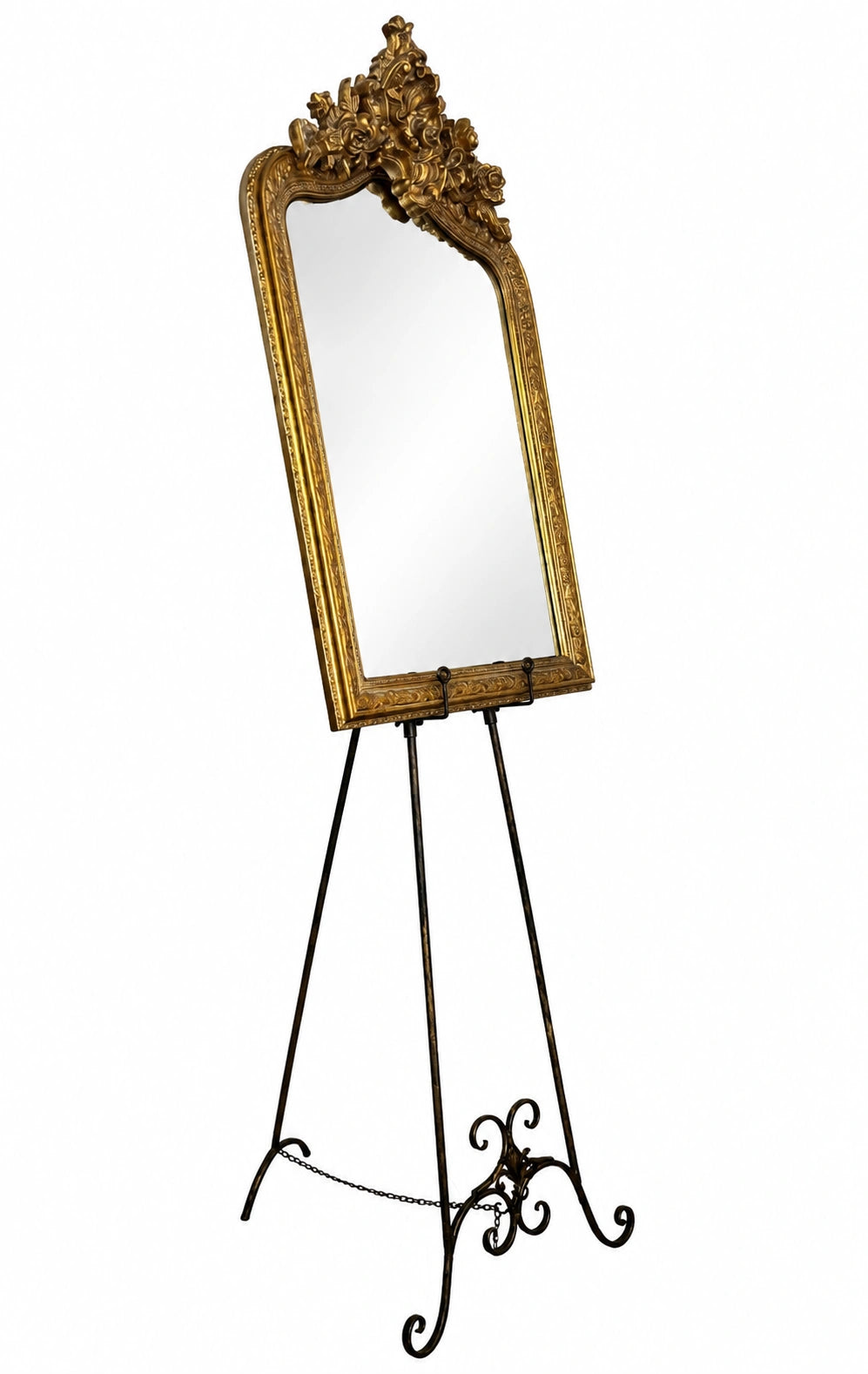 Ensemble chevalet en fer forgé & miroir doré vintage